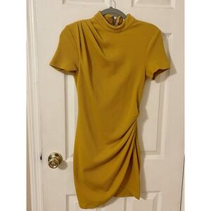 L'Atiste By Amy Women S Mustard Yellow Ruched Short Sleeve Zip Mini Dress